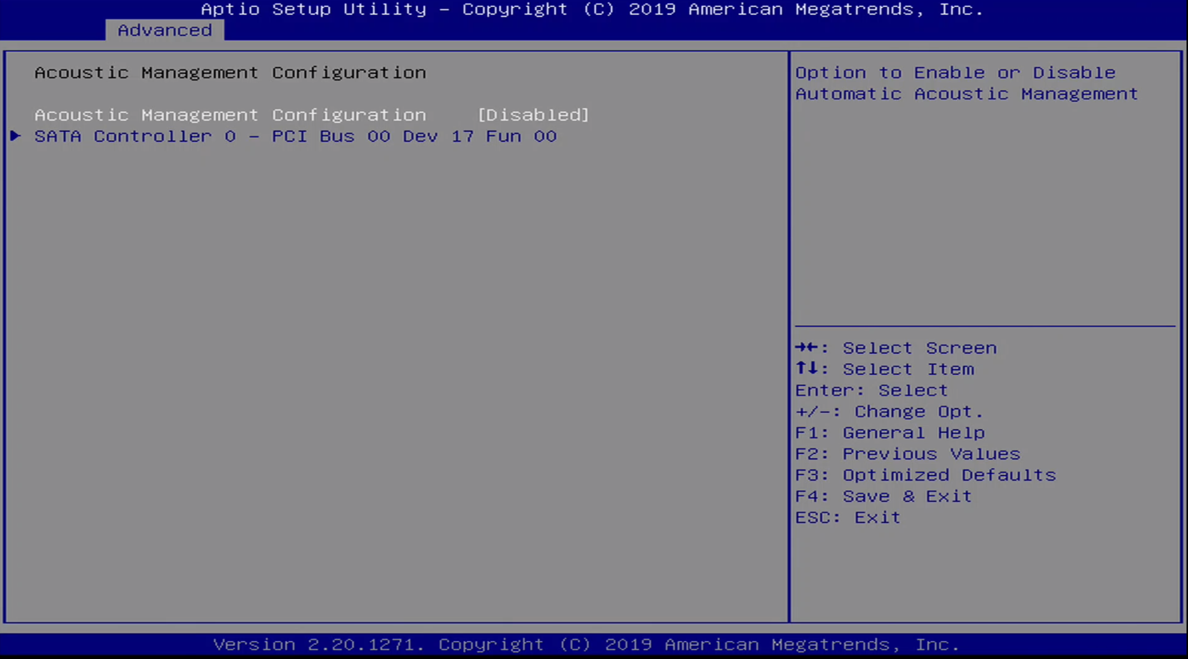 ONN BIOS Advanced / Acoustic Management Configuration Menu