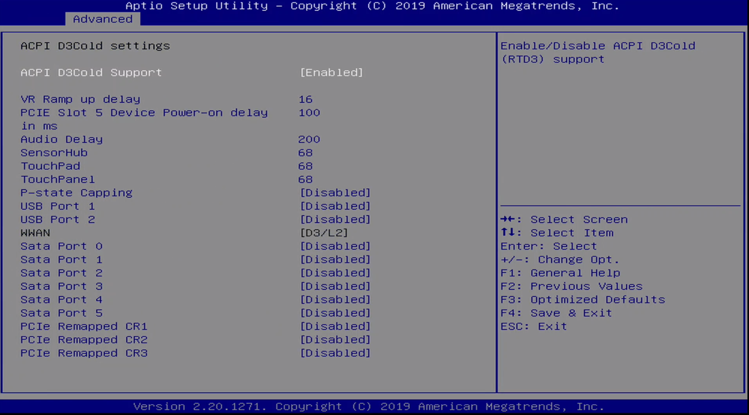 ONN BIOS Advanced / D3 Cold Settings Menu