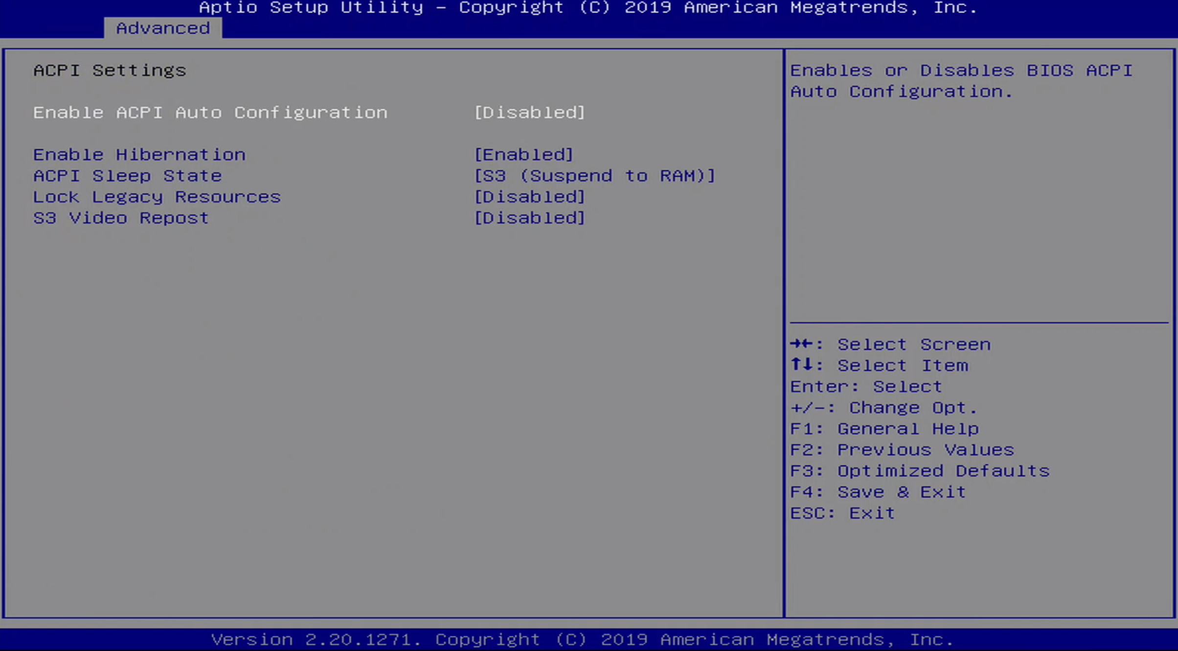 ONN BIOS Advanced / ACPI Menu