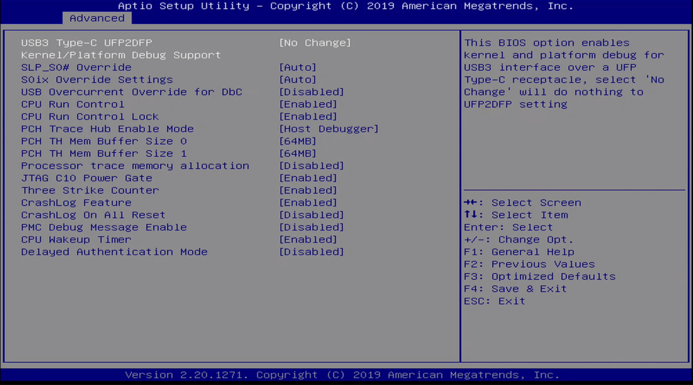 ONN BIOS Advanced / Debug Settings Menu / Advanced Debug Menu