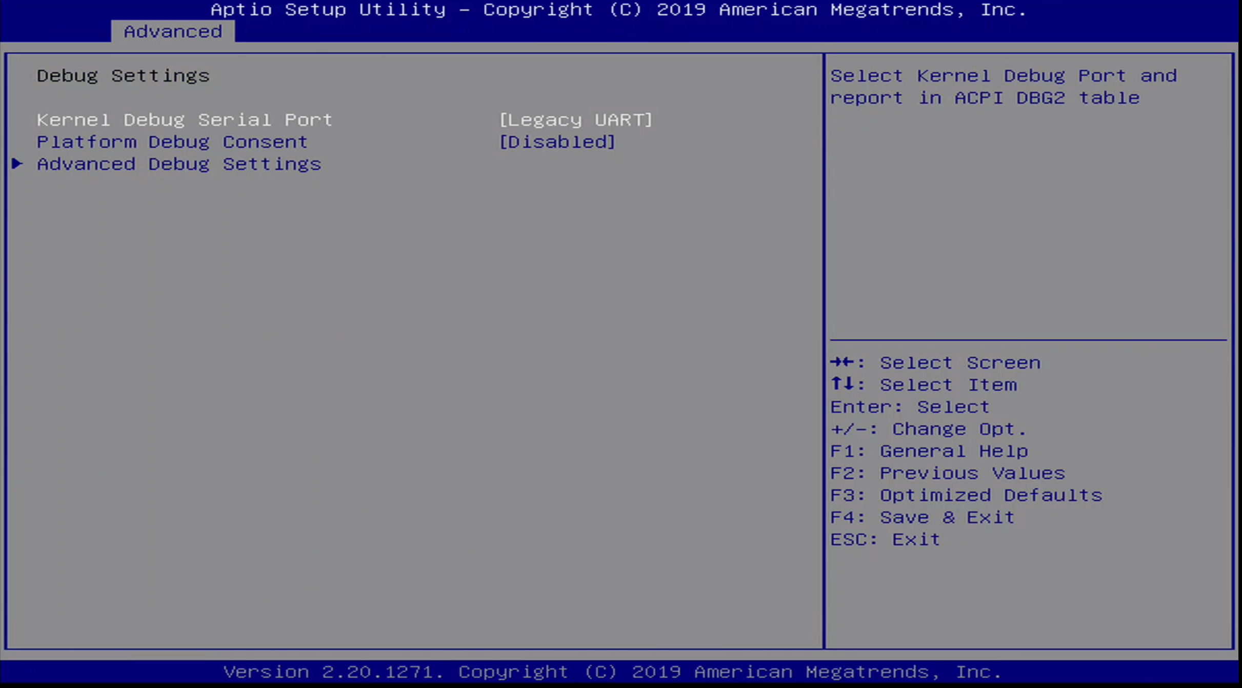 ONN BIOS Advanced / Debug Settings Menu