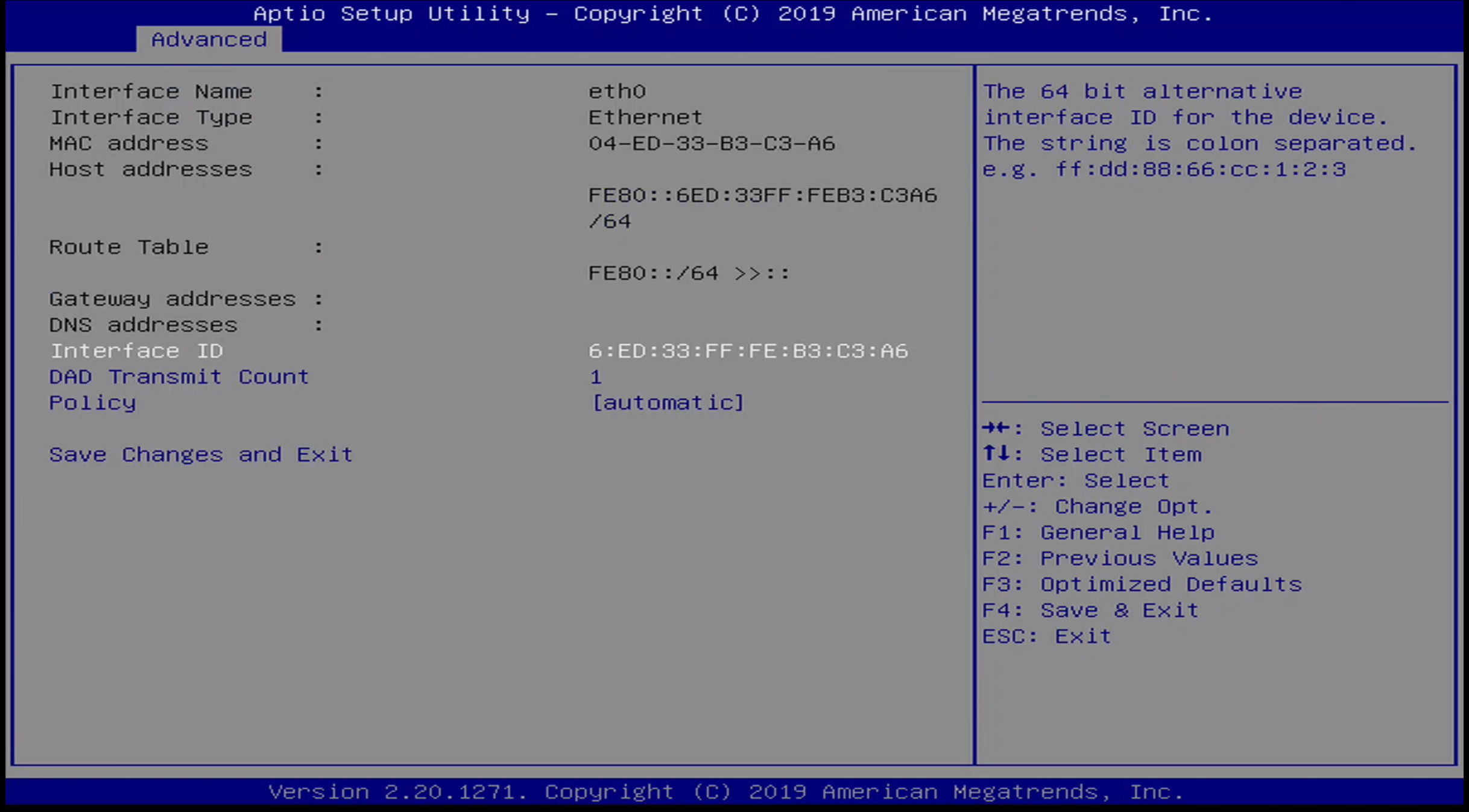 ONN BIOS Advanced / Ethernet Menu