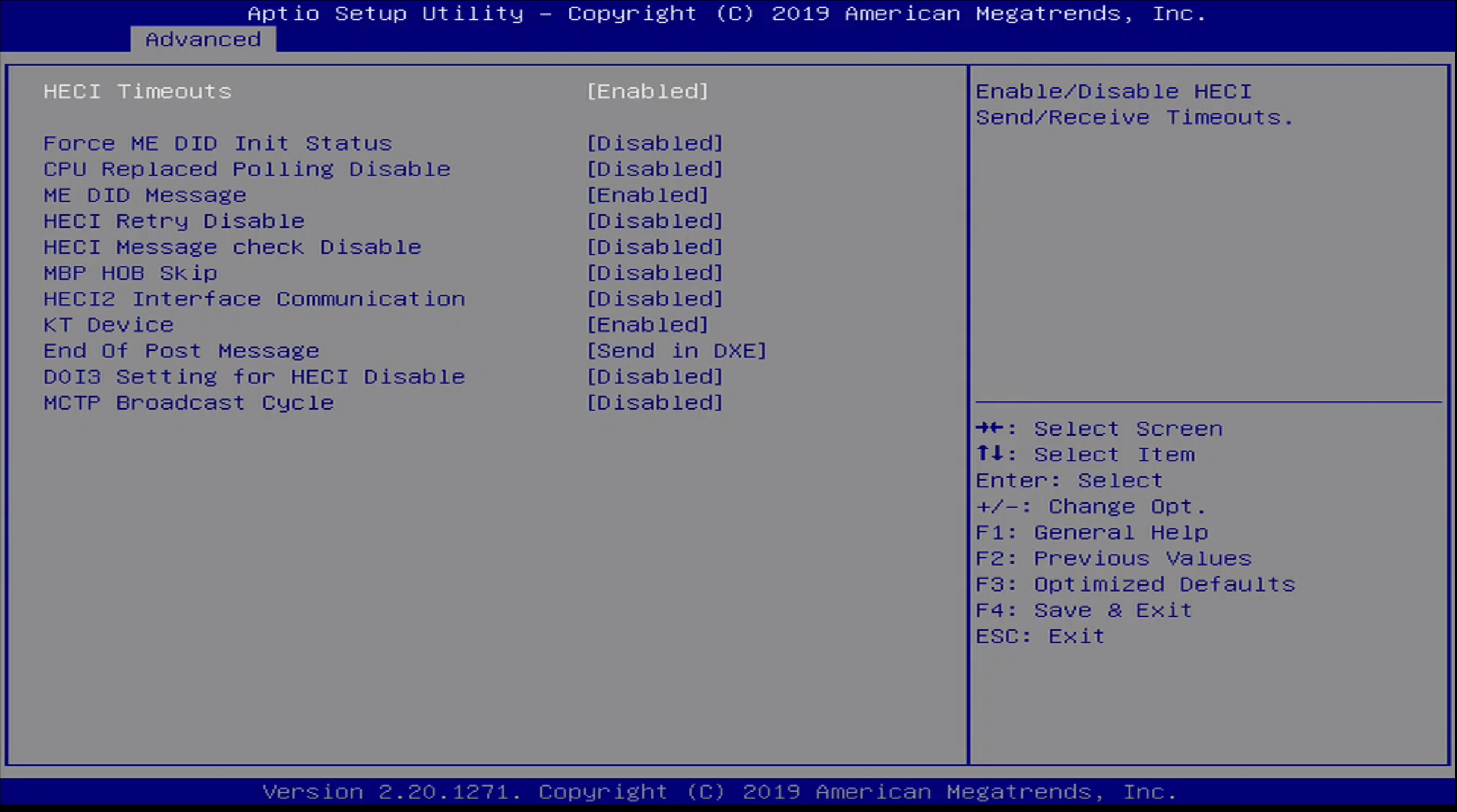 ONN BIOS Advanced / PCH Menu / ME Debug Settings