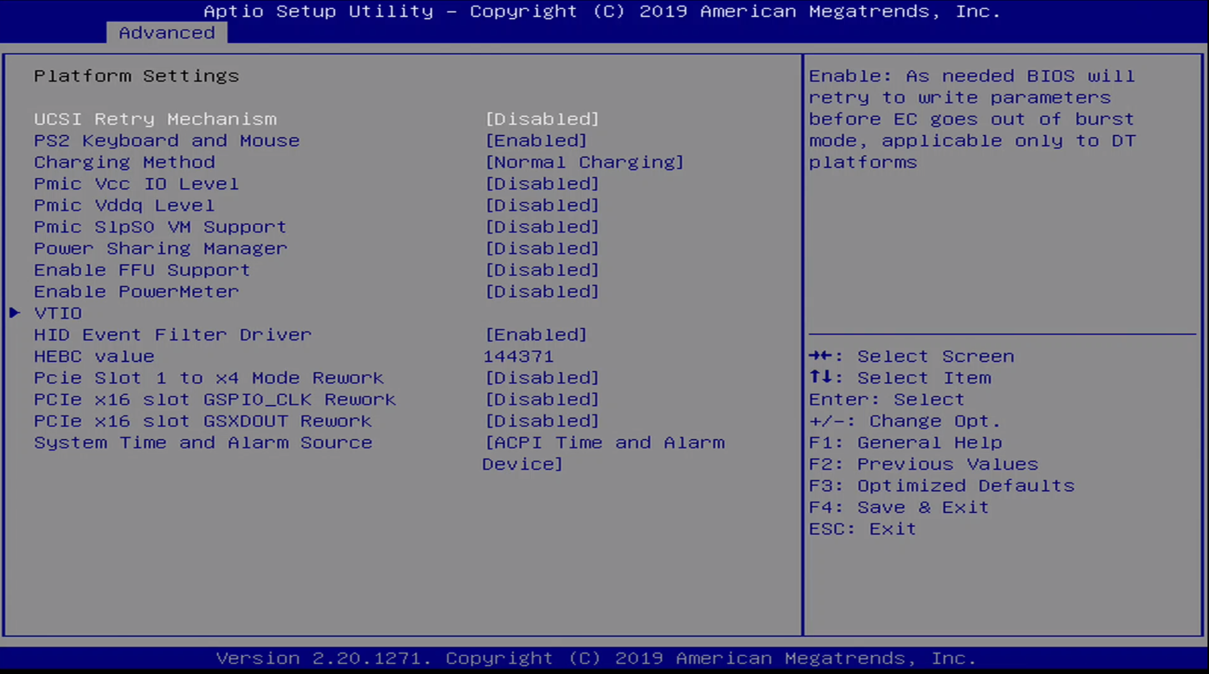 ONN BIOS Advanced / Platform Settings Menu