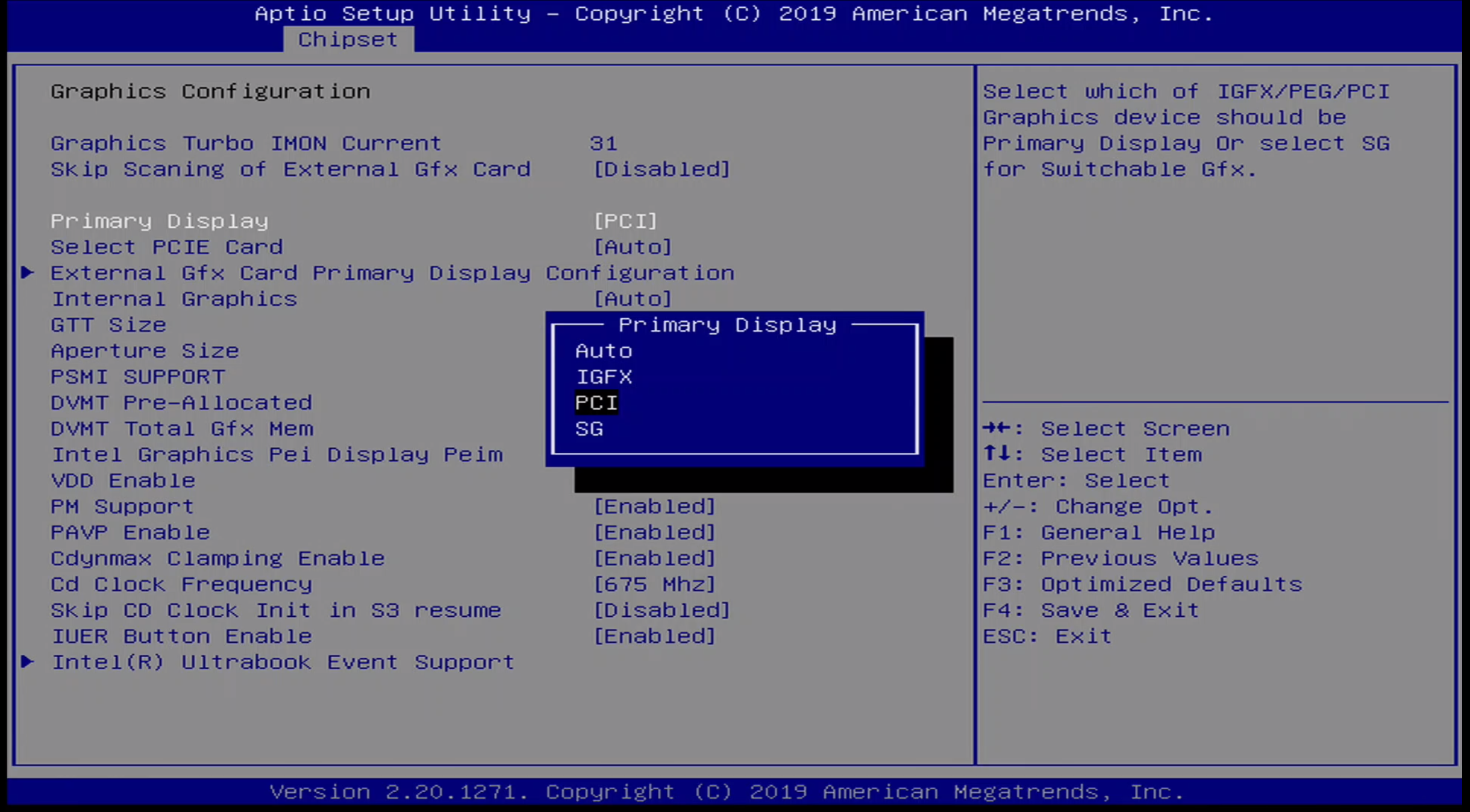 ONN BIOS Chipset / Primary Display Menu