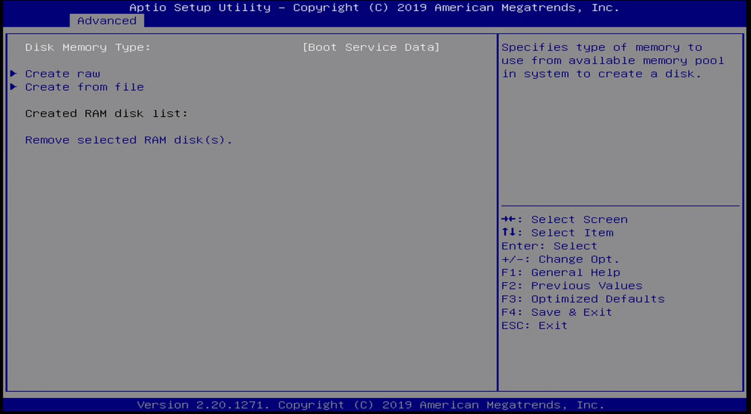 ONN BIOS Advanced / RAM Disk Menu