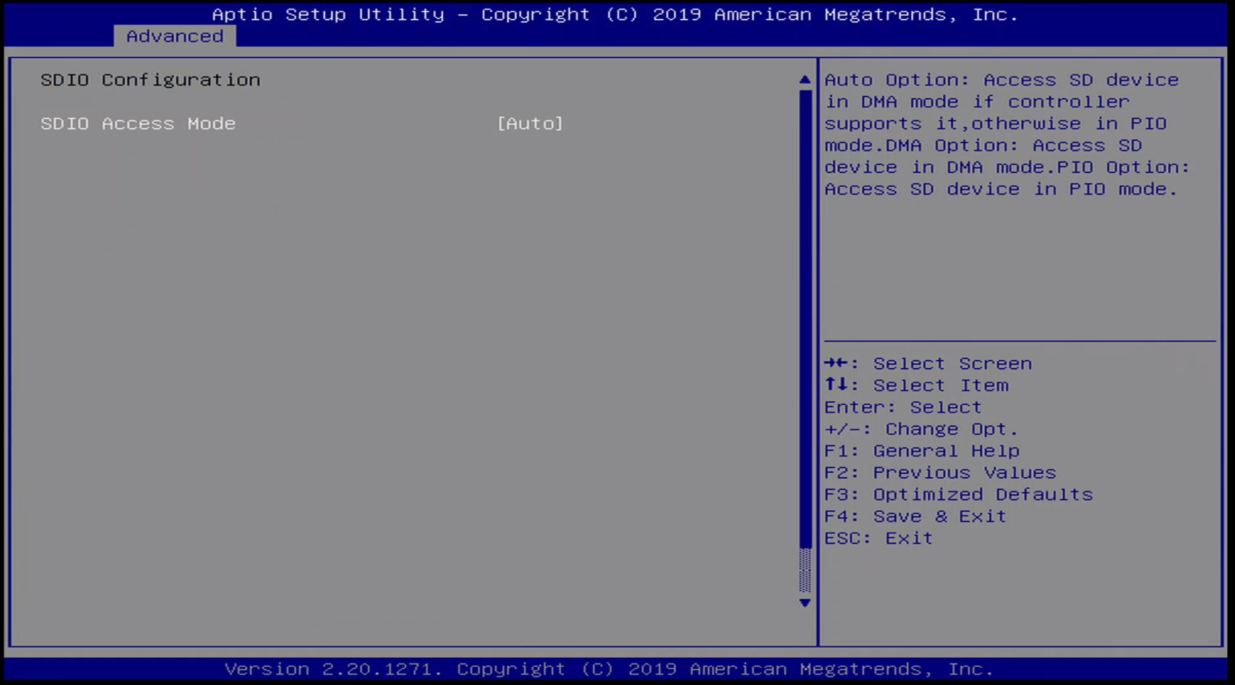 ONN BIOS Advanced / SDIO Menu