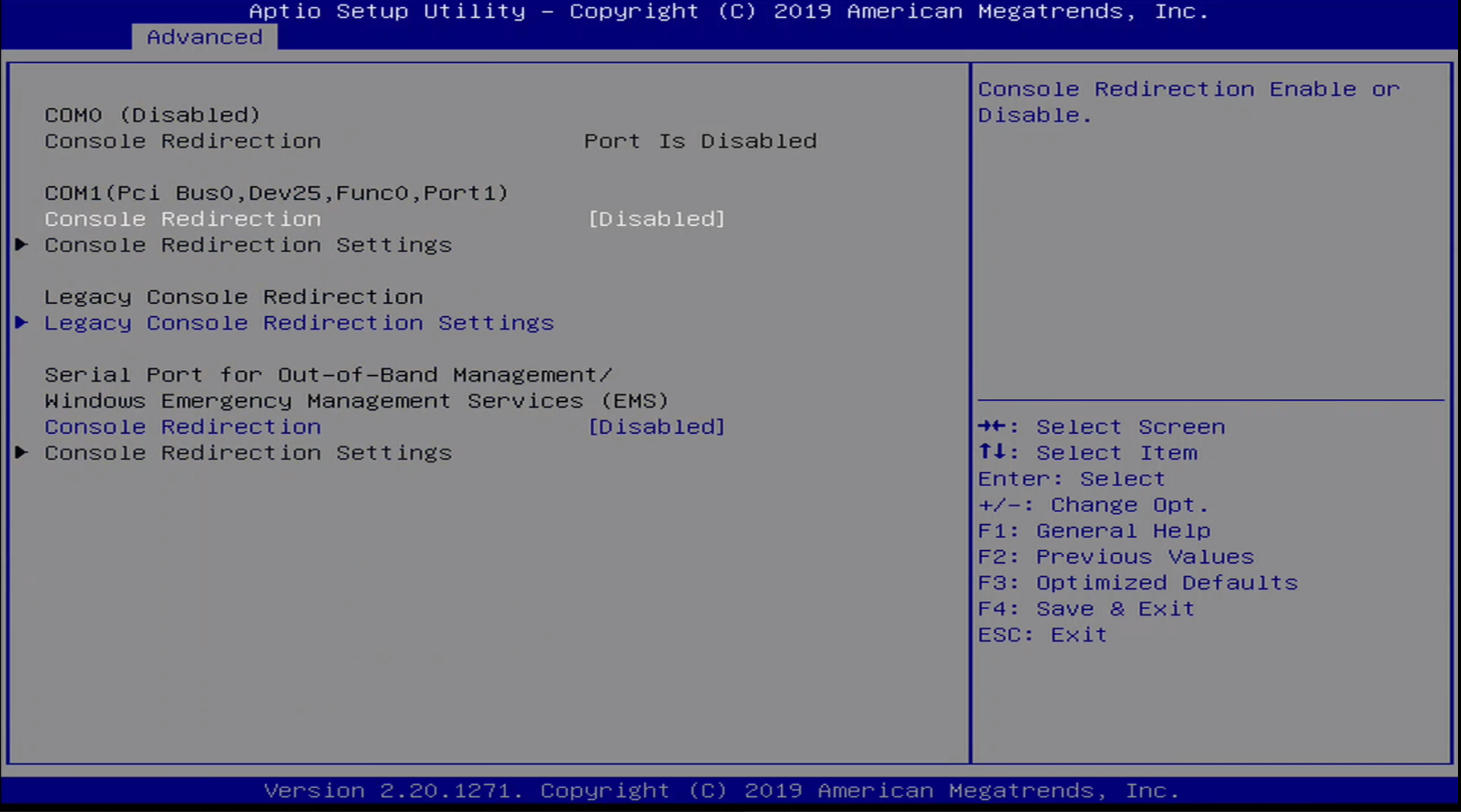 ONN BIOS Advanced / Serial Port Console Redirection Menu