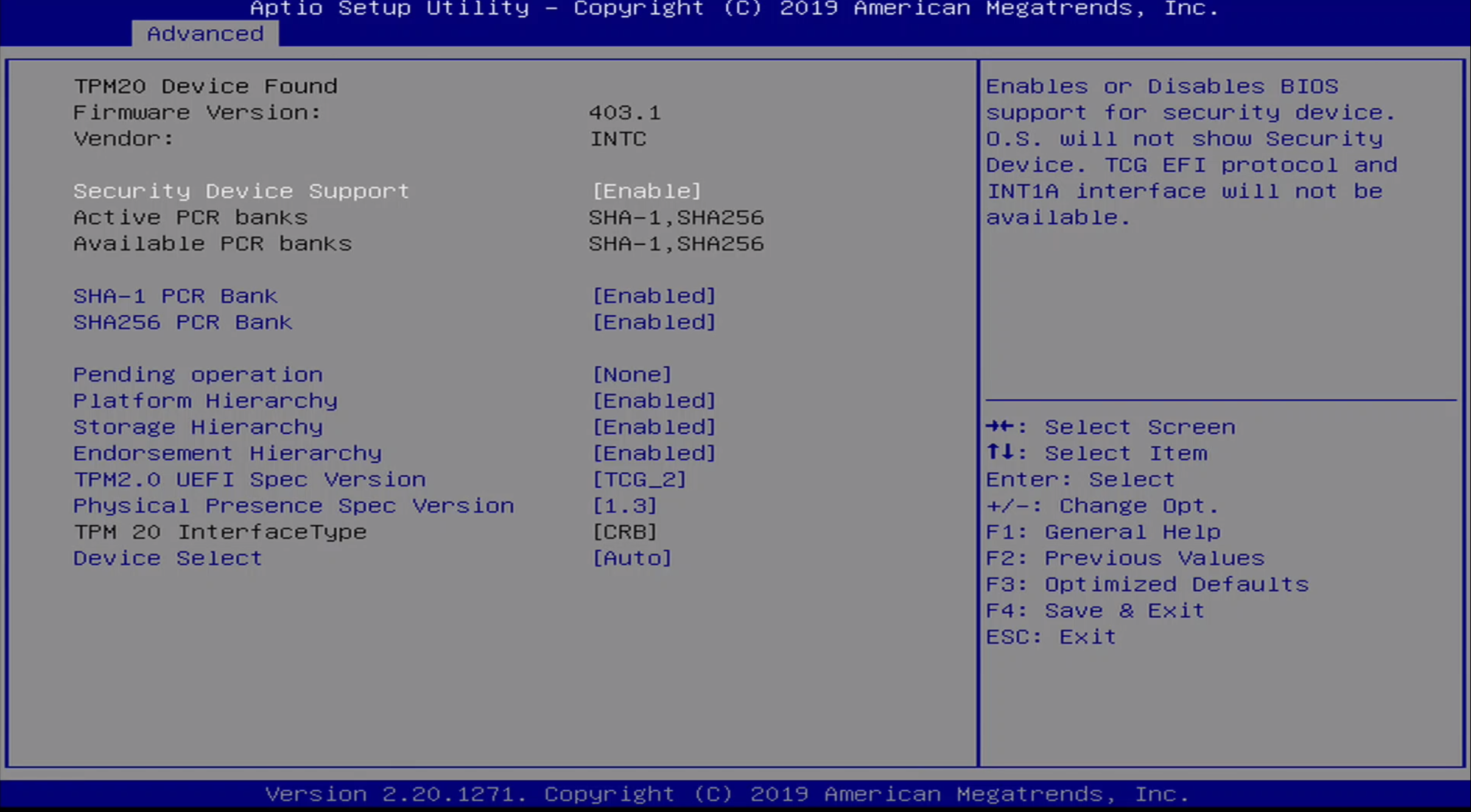 ONN BIOS Advanced / Trusted Computing Menu