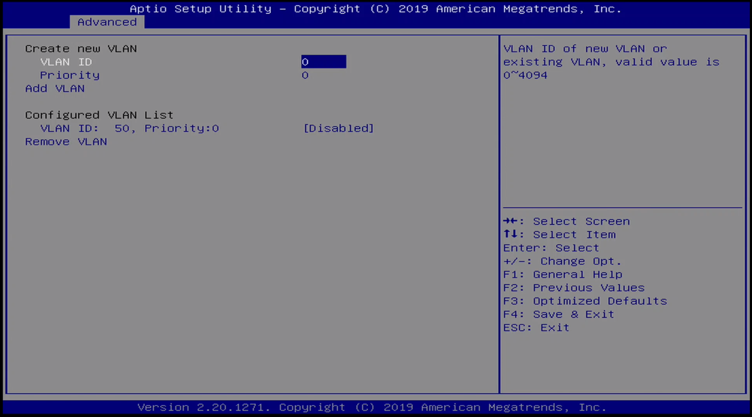 ONN BIOS Advanced / VLAN Menu