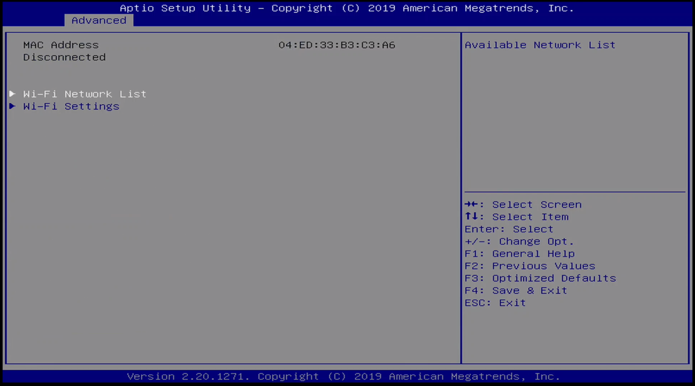 ONN BIOS Advanced / WiFi Menu